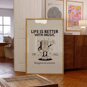 Life is better with music, Digital Download, Wall Decor, Encouraging Art, Instant Download, Music Art Prints, Retro Illustration Art Print