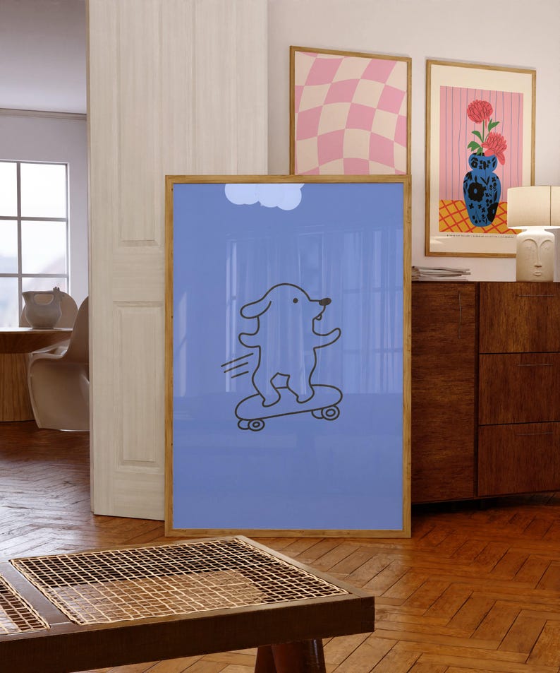 Funny Dog Art-Digital Download-Skateboard Art Print-Large Digital Print Art-Kids Room Art Print-Fun Skateboarding Art-Blue Funny Dog Art