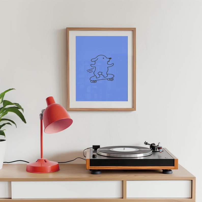 Funny Dog Art-Digital Download-Skateboard Art Print-Large Digital Print Art-Kids Room Art Print-Fun Skateboarding Art-Blue Funny Dog Art