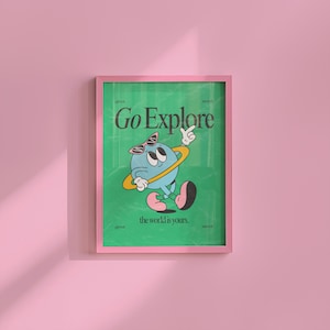 Go Entdecke Kunst, Klassenzimmer Kunst, Süßer Retro Druck, Planet Cartoon, Retro Maskottchen Druck, Funky Groovy Minimal Retro Poster