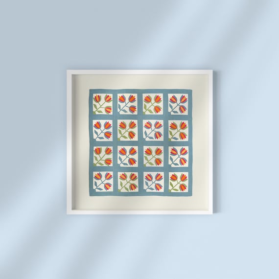 English Cottage Floral Quilt Art Print (Digital Download, 30x30 Inch)