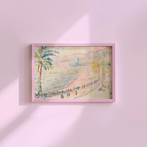 Beach Painting, Classic Art Print, Multi Color Beach Seascape Painting, Beach Wall Art, Pink and Yellow Prints, Digital Download