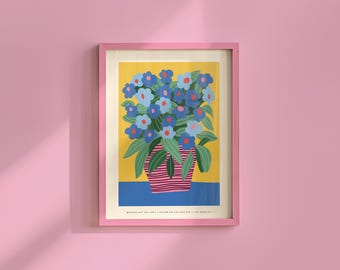 Blue Floral Bouquet Art Print: Retro Botanical Wall Decor (Digital Download)