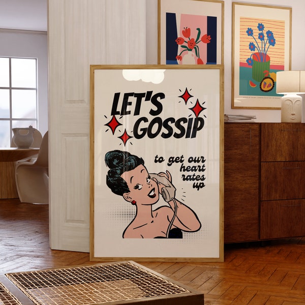 Let's Gossip-Digital Prints-Wall Art Print-Retro Cartoon Art-Downloadable Print-Bar Art Prints-Living Room Decor-Funny Wall Art-Bright Art