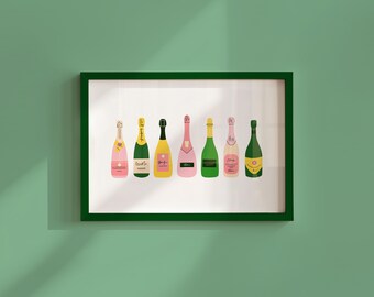 Retro Bar Cart Art Print, Colorful Champagne Bottles (Digital Download)