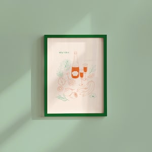 Abstrakter Wein Druck Kunst, Retro Bar Warenkorb Wand Dekor, Orange Alkohol Poster, digitaler Download für stilvolles Zuhause, Skizze Kunstdruck Design
