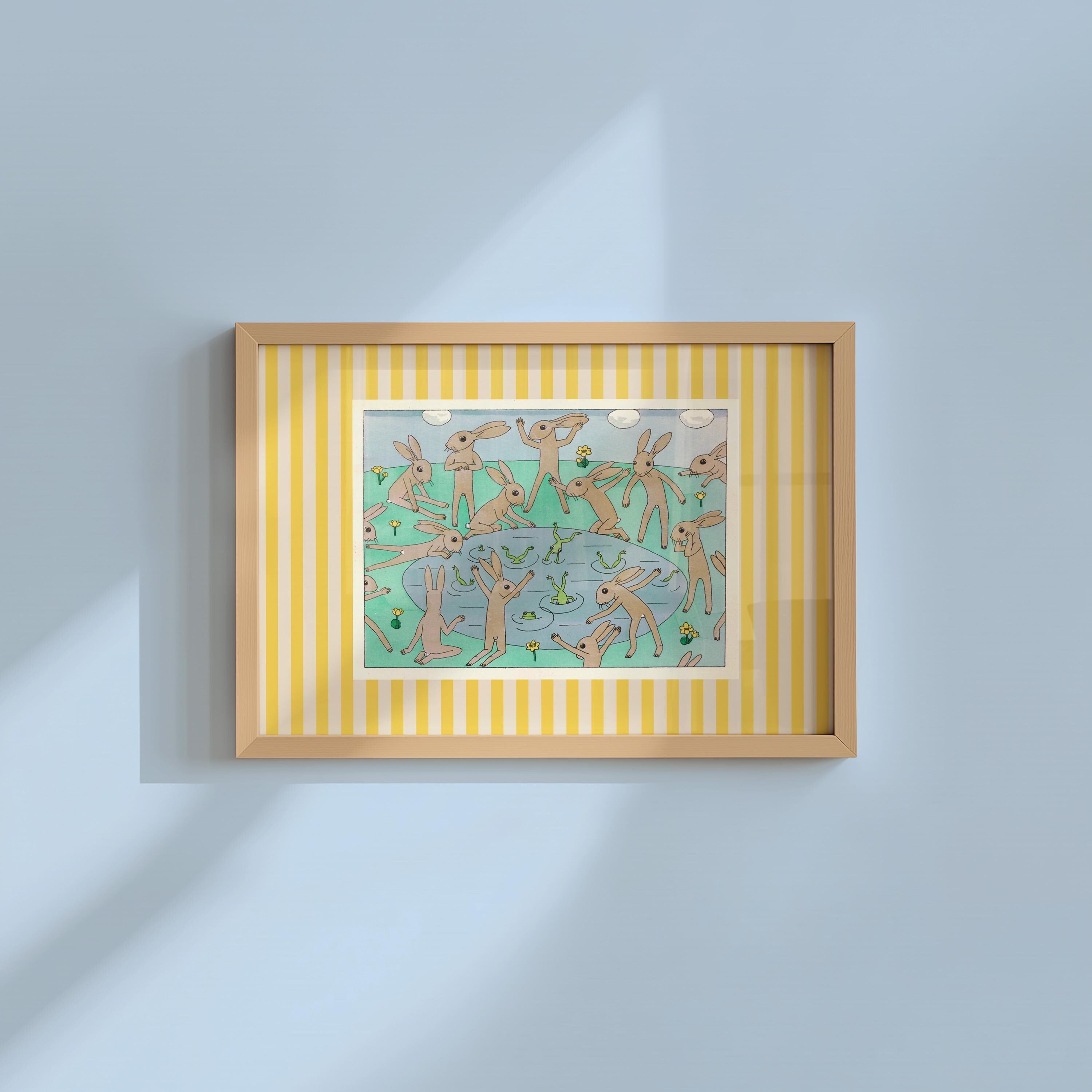 Tableaux Brodés Mid Century Modern - Deux Lapins Sur Cadre - Signé 1967 - Occasion