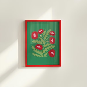 Pink Poppy Art Print: Abstract Green Floral Poster (Digital Download)