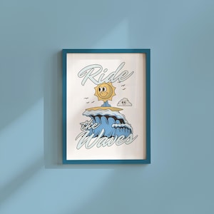 Classroom Art, Kids Room Art, Digital Print, Cartoon Art Print, Ride the Waves Art ,Vintage Mascot Art, Cute Positive Art, Surfing Decor