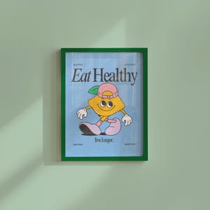 健康的な食生活アート、教室アート、かわいいレトロプリント、レモンの漫画、レトロなマスコットプリント、ファンキーでグルーヴィーなミニマルレトロポスター