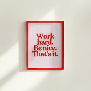 Stampa Work Hard, stampa tipografica retrò, stampa da parete rossa, arte da parete per bambini, poster di positività, stampa con citazione retrò, poster per l'aula, regalo scolastico
