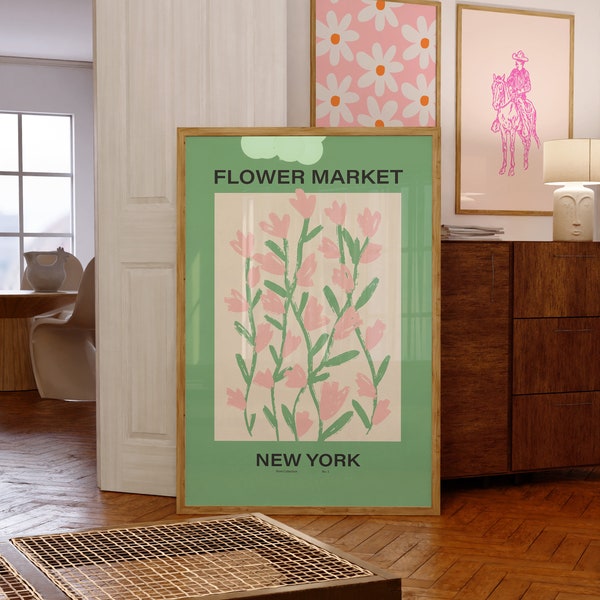 Flower Market Print, New York Flower Exhibition Poster, Floral Wall Art, Vintage Floral Decor, Modern Abstract Flat Flowers, Pink Preppy Art