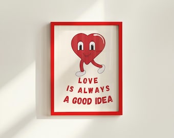 Retro Heart Wall Art Print: 70s Cartoon Style Digital Download