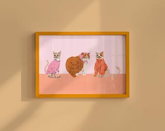 Lámina artística "Gatos con suéteres": Regalo rosa para amantes de los gatos (Descarga digital)