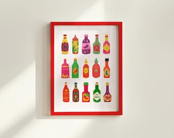 hot sauce art print decor, Digital Download, Trendy Decor, Instant Download, Multiple Sizes, Food Art Print, High Quality JPEGs