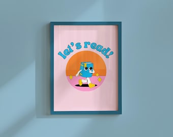 Let's Read Art Print: Retro Book Character, Inspirational Decor
