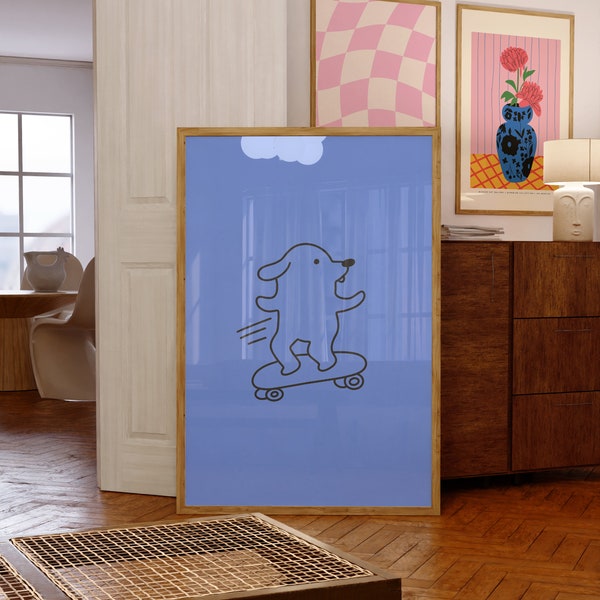 Grappige hond kunst-digitale download-skateboard Art Print-grote digitale print kunst-kinderkamer Art Print-leuk skateboarden kunst-blauwe grappige hond kunst