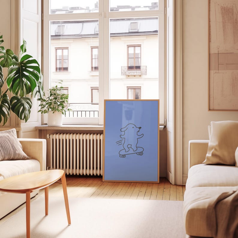 Funny Dog Art-Digital Download-Skateboard Art Print-Large Digital Print Art-Kids Room Art Print-Fun Skateboarding Art-Blue Funny Dog Art