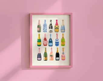 Retro Champagne Poster Digital Download - Y2K Aesthetic Art for Bar Cart - Girly Pink Prints - Vintage Drink Art