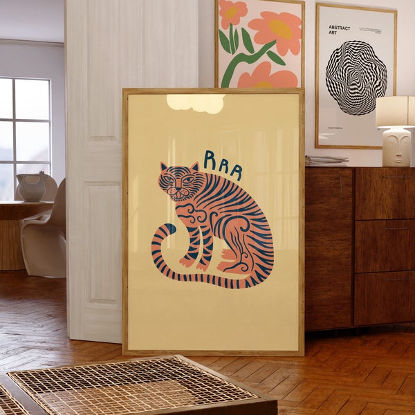 Tiger Art, Animal Art Print, Trendy Animal Prints, Kids Room Decor, Digital downloads, Tiger Rawr Art, Preppy Wall Art, Yellow Kids Posters
