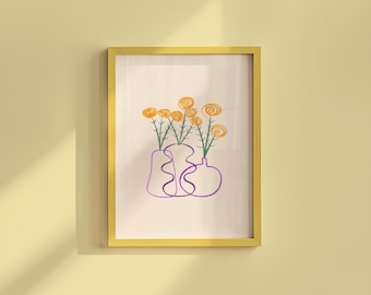 Impresión de ramo floral minimalista - Descarga digital de arte lineal