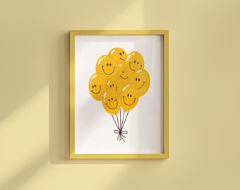 Balloon Art Print-Digital Download-Wall Print-Retro Art-Floral Art-Kids Room Decor-70s Flowers-Downloadable Art-Smiley Art Print-Dorm Decor