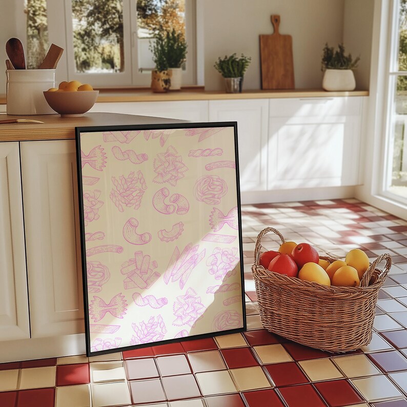 Pasta Art Print, Digital Download, Wall Art Print,Digital Food Art Print,Trendy Wall Art Print,Kitchen Wall Art Print, Pink Kitchen Decor