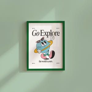 Go Explore Art、教室アート、かわいいレトロプリント、惑星漫画、レトロマスコットプリント、ファンキーでグルーヴィーなミニマルレトロポスター