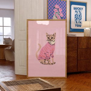 Pink Cat Art-Digital Prints-Wall Print-Retro Silly Decor-Girly Print-Downloadable Art-Large Print-Funny Art-Cat Art Print-Bedroom Art Prints