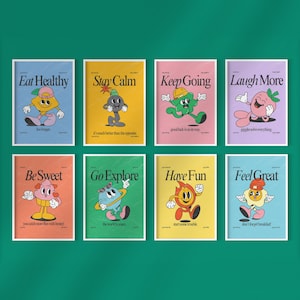 Conjunto de 8 láminas, láminas infantiles, pósteres para el aula, láminas de moda, descarga digital, pósteres de arte de moda, pósteres de dibujos animados retro