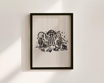 Lámina artística psicodélica de OVNI en el desierto: Decoración espacial psicodélica retro (descarga digital)