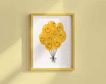70s Retro Balloon Art Print - Floral Smiley Digital Download