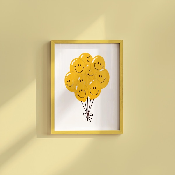 70s Retro Balloon Art Print - Floral Smiley Digital Download