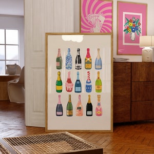 Retro Champagne Poster-Wall Print-Digital Download-Preppy Pink Prints-Barbie Doll Art-Vintage Doll Art-Y2K Aesthetic-Girly Bar Cart Art