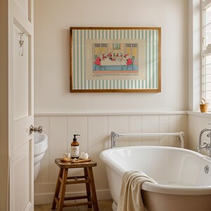 May include: A bathroom scene featuring a white clawfoot bathtub, a wooden stool with toiletries, and a framed print with a striped background. The walls are painted in a neutral color, and a window provides natural light. The overall aesthetic is clean and classic.