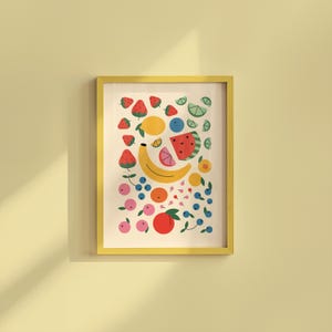 Affiche de fruits, art de cuisine vintage, impression d'aliments frais coloré mignon, affiche rétro esthétique banane pastèque citron, décoration d'appartement amusante