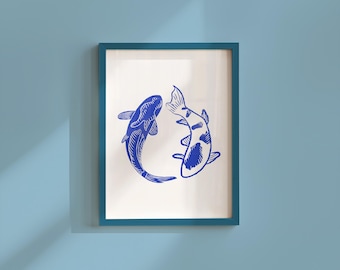 Trendy Blue Fish Art Print, Digital Download Wall Art for Living Room Decor, GS Print Shoppe