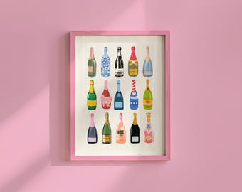 Muurkunstafdruk champagne: retroroze Y2K-stijl - digitale download