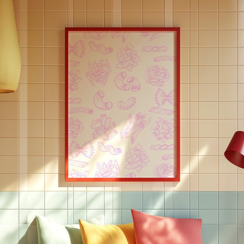Pasta Art Print, Digital Download, Wall Art Print,Digital Food Art Print,Trendy Wall Art Print,Kitchen Wall Art Print, Pink Kitchen Decor