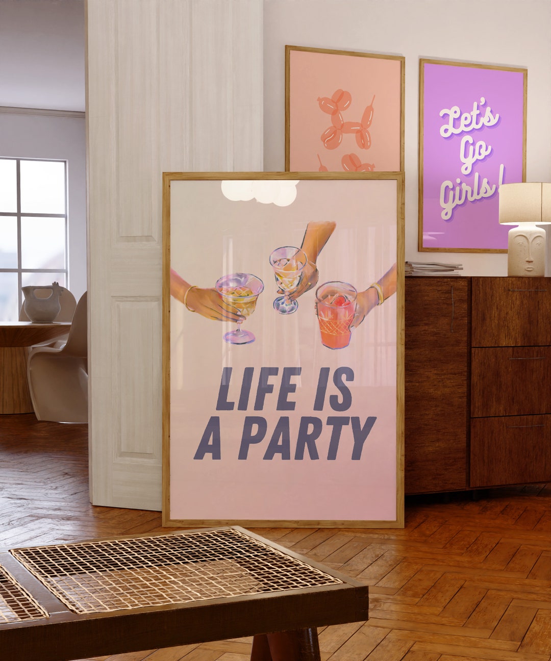 Happy Hour Art Print, Life is a Party, Bar Cart Wall Decor, Trendy Bar