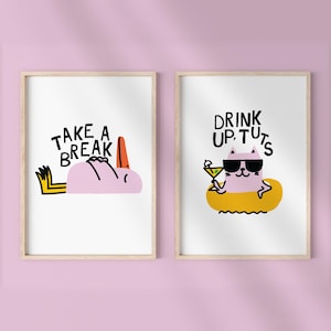 Muurkunst appartement, galerijmuur set van 2, girly prints, appartementdecor, digitale kunstprintset, barwagenkunstprint, kunst van kamergenoot, opdrinken