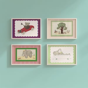May include: Four framed art prints featuring whimsical elephant illustrations. One shows an elephant driving a red car, another depicts a tree with animals, a third has an elephant with a crown, and the last shows an elephant in a bathtub.