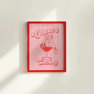 Cowboy Wild West Retro Art Print, Vintage Funky Pink Wall Art, Dekoracja wózka koktajlowego i barowego, Niepowtarzalny prezent do domu, Wystrój domu w stylu western