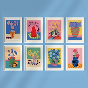 Floral Art Set of 8 Prints, Flower Prints Gallery Wall Decor, Eclectic Digital Prints for Fun Home Aesthetic