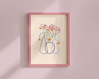 Floral Bouquet Art Print: Colorful Minimalist Line Art (Digital Download)