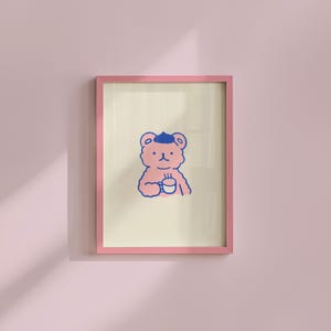 Bear Cartoon Art-Digital Prints-Cute Animal Art-Drink Art-Pink Kitchen Art-Retro Kitchen-Coffee Prints-Funny Animal Art-Beige and Pink Art