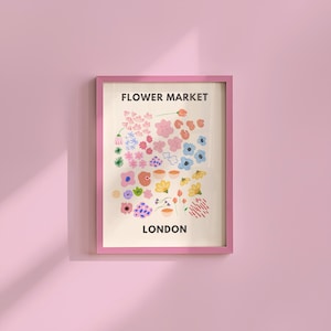 London Blumenmarkt, Pastell Dekor, Boho druckbare Kunst, rosa und grün, dänisch Pastell Dekor, Wandkunst für Wohnheime, abstrakte botanische Kunst