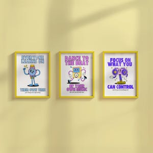 Láminas artísticas bonitas para niños, arte positivo, arte de jugador, impresión descargable, impresión artística de los años 70, arte de personajes retro, carteles de moda, arte de mascota vintage