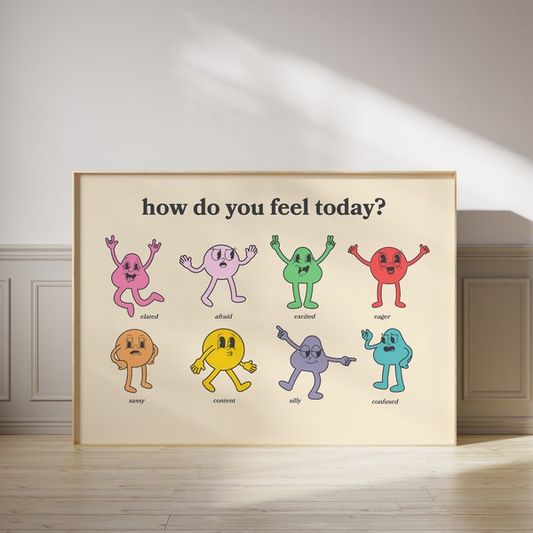 How Do You Feel Today? Retro Quote, Digital Prints Wall Art, Digital Prints, Emotions Art Prints, Mood and Feelings Poster, School Posters