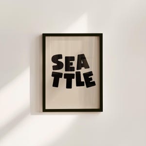 Impresión artística de Seattle, descarga de arte digital, arte de pared de Seattle en negro, arte moderno y lindo, carteles de Seattle, póster de pared de Seattle, carteles beige